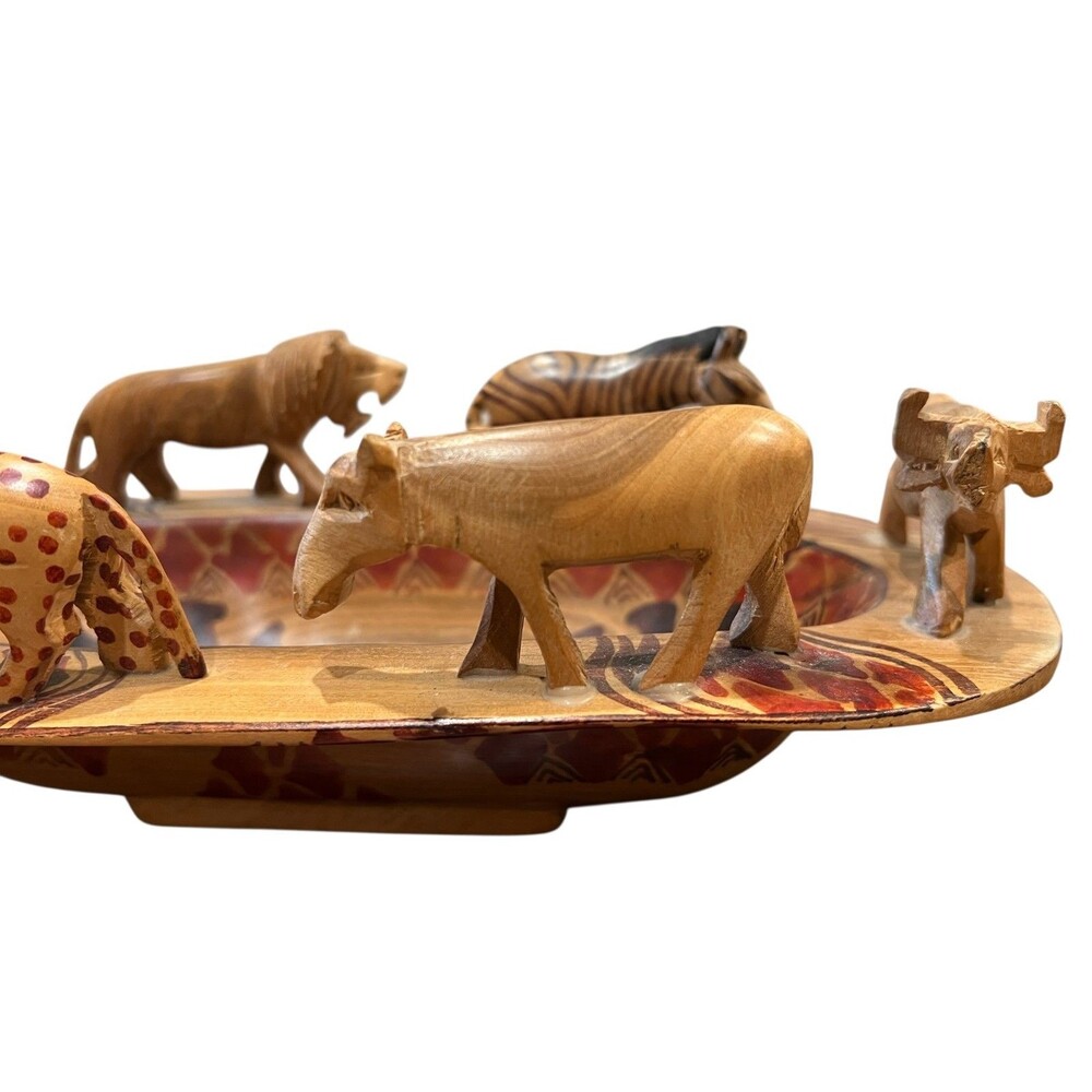 African Safari Animal Hand Carved Wood Bowl 12"w x 5 7/8"d x 4"h - Picture 7 of 16